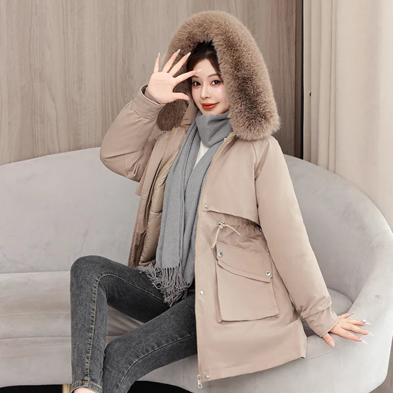 Winter dame Winter Stepp Mantel Abnehmbare Futter Pelz Kragen Gürtel Parka Jacke Für Frauen Verdickt Thermische frauen Mantel.