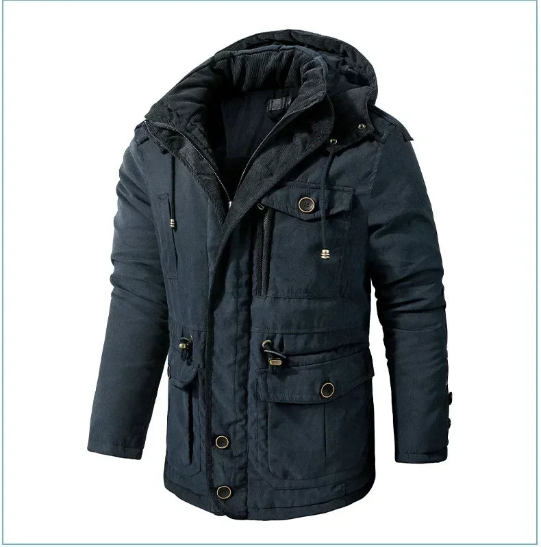 Men's Jacket WINTER USA SIZE Large SIZE Lamb Fleece JACKETS Hooded Cotton Thickened Multi Pocket Casual Mid length Coat