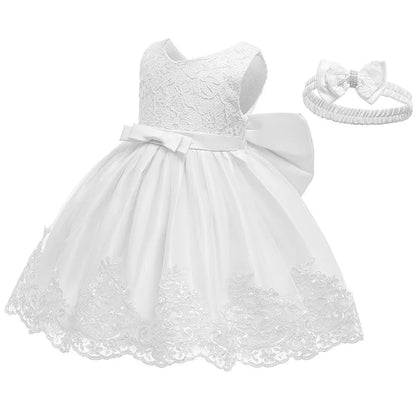 Weiße Blumenmädchenkleider für die Hochzeit, elegantes Kinder-Taufkleid und Kopfbedeckung, kurzärmelig, für Kinder, Kommunion, Geburtstagsfeier.