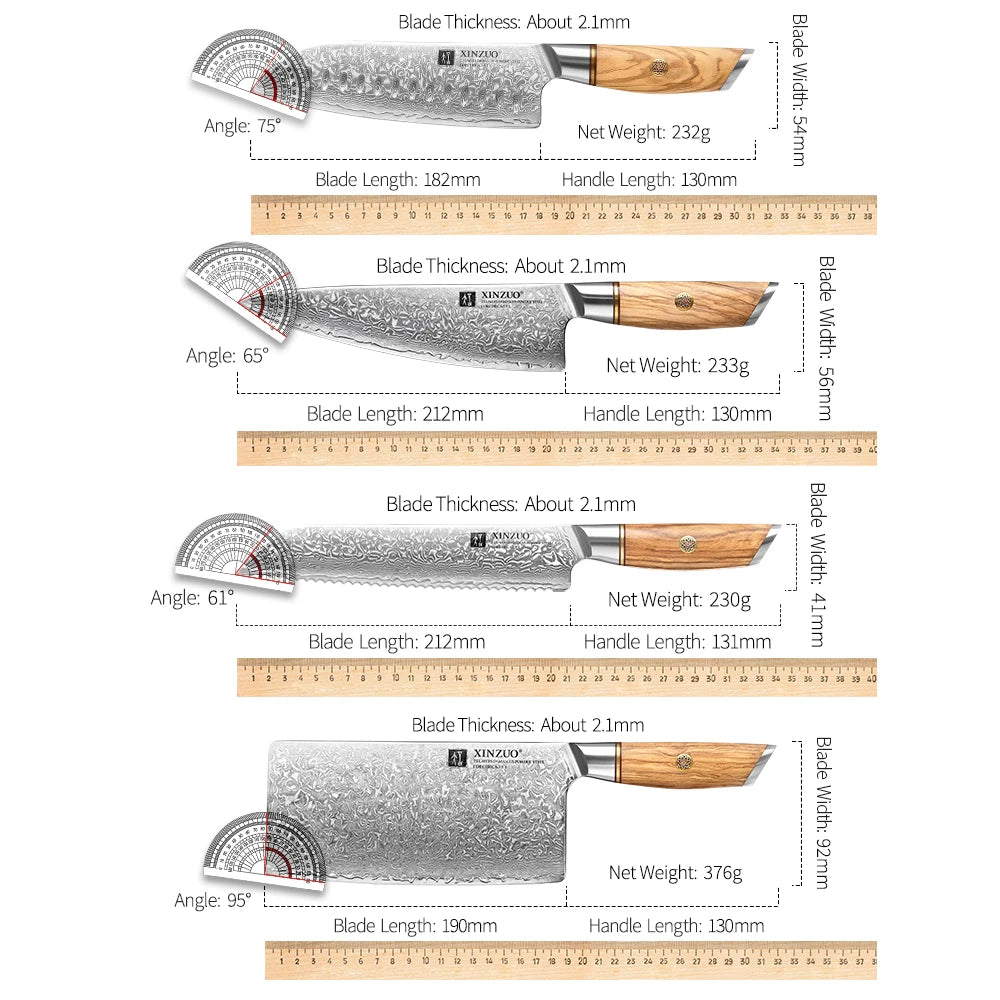XINZUO 1-8pcs Kitchen Knife Set 73 Layers Custom Damascus Steel 15°±1 Per Side Steel Blade with Olive Wood Handle.