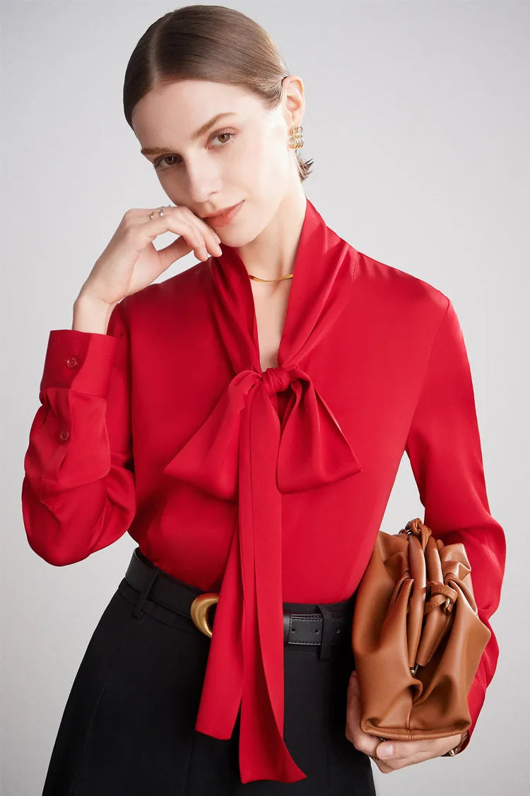 Silk Shirt Women's Thick Temperament Streamer 2025 Spring and Summer New Mulberry Silk Lace-up Design Shirt Long-sleeved Top