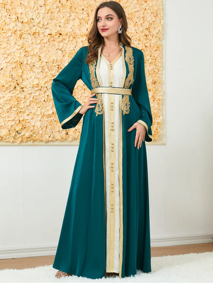Maßgeschneiderte muslimische Sets, elegante muslimische Frauen, Sommer, langärmelig, V-Ausschnitt, Polyester, lila, 2-teiliges Kleid, Mantel, passende Sets, Muslim.