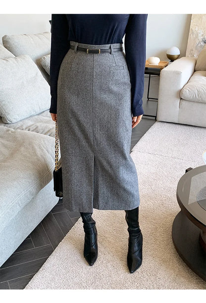 Gray Pencil Skirts Belted Elegant Women Slim Office Ladies Casual A-Line High Waist Split Midi Skirt Autumn Winter.