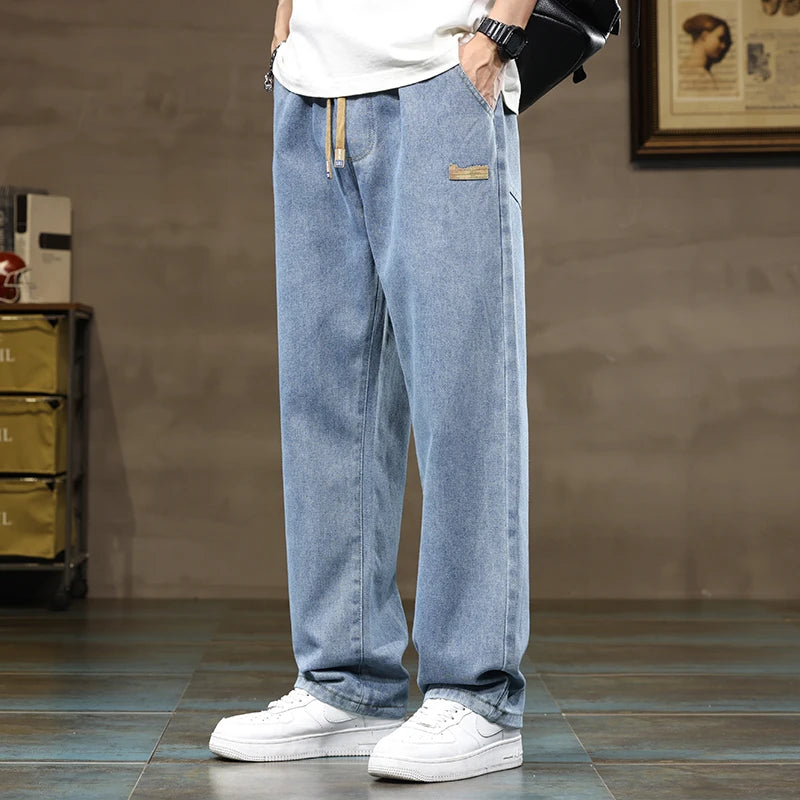 Men Straight Leg Blue Gray Loose Y2K Drawstring Jeans Streetwear Casual Wide Denim Pants Male Baggy Stylish Harajuku Trousers.