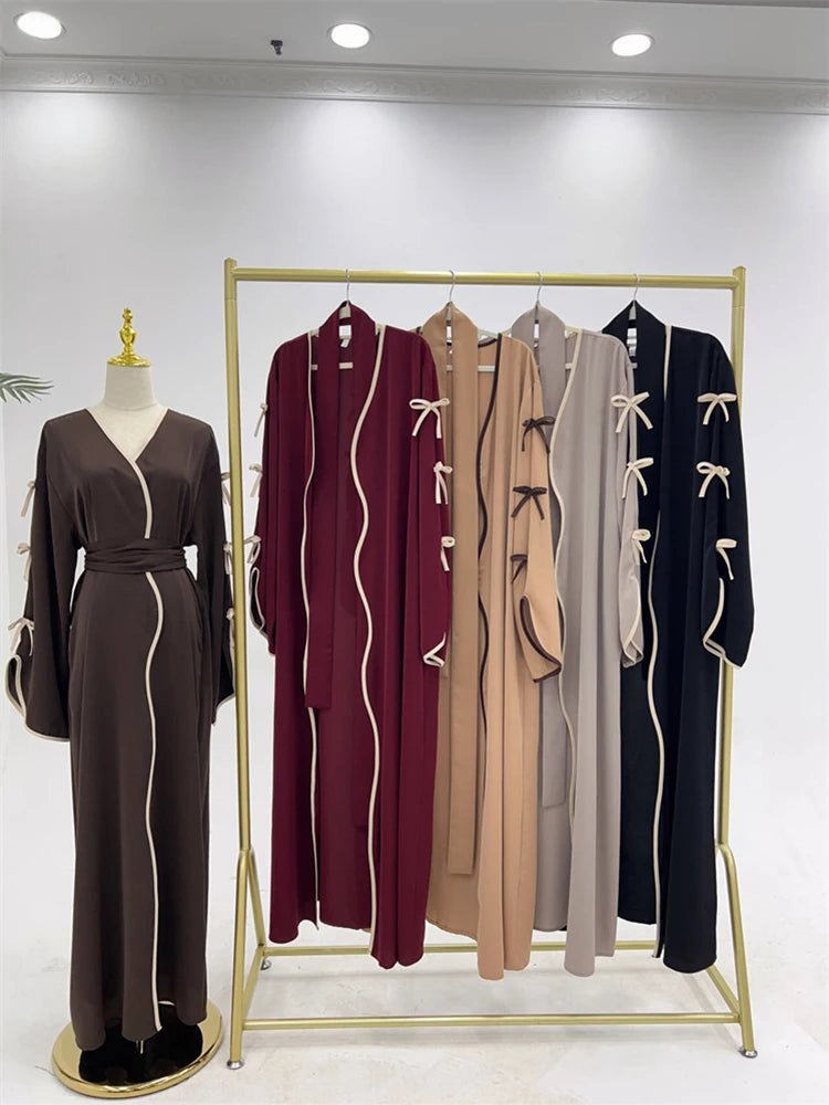 Ramadan Eid Open Modest Kimono Butterfly Bow Abaya Dubai Luxury Muslim Abayas for Women Islam Kebaya Caftan Robe Femme Musulmane.