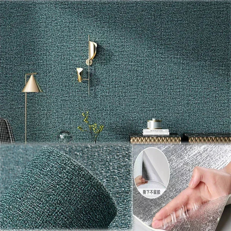 3D Linen Texture Thickened Wallpaper Self-adhesive Waterproof Wall Sticker for Living Room Dormitory Bedroom Wall Decoration