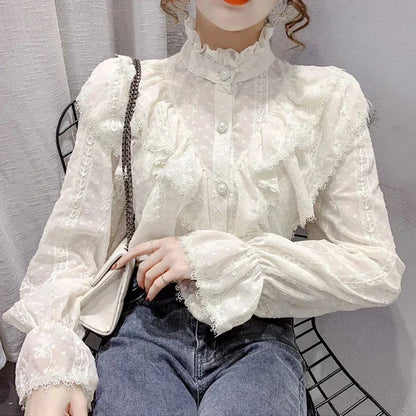 Long Sleeve Loose Spring Fashion Button White Shirt Elegant Stand Collar Pleated Tops Casual Ruffle Lace Blouse Blusas 15832.
