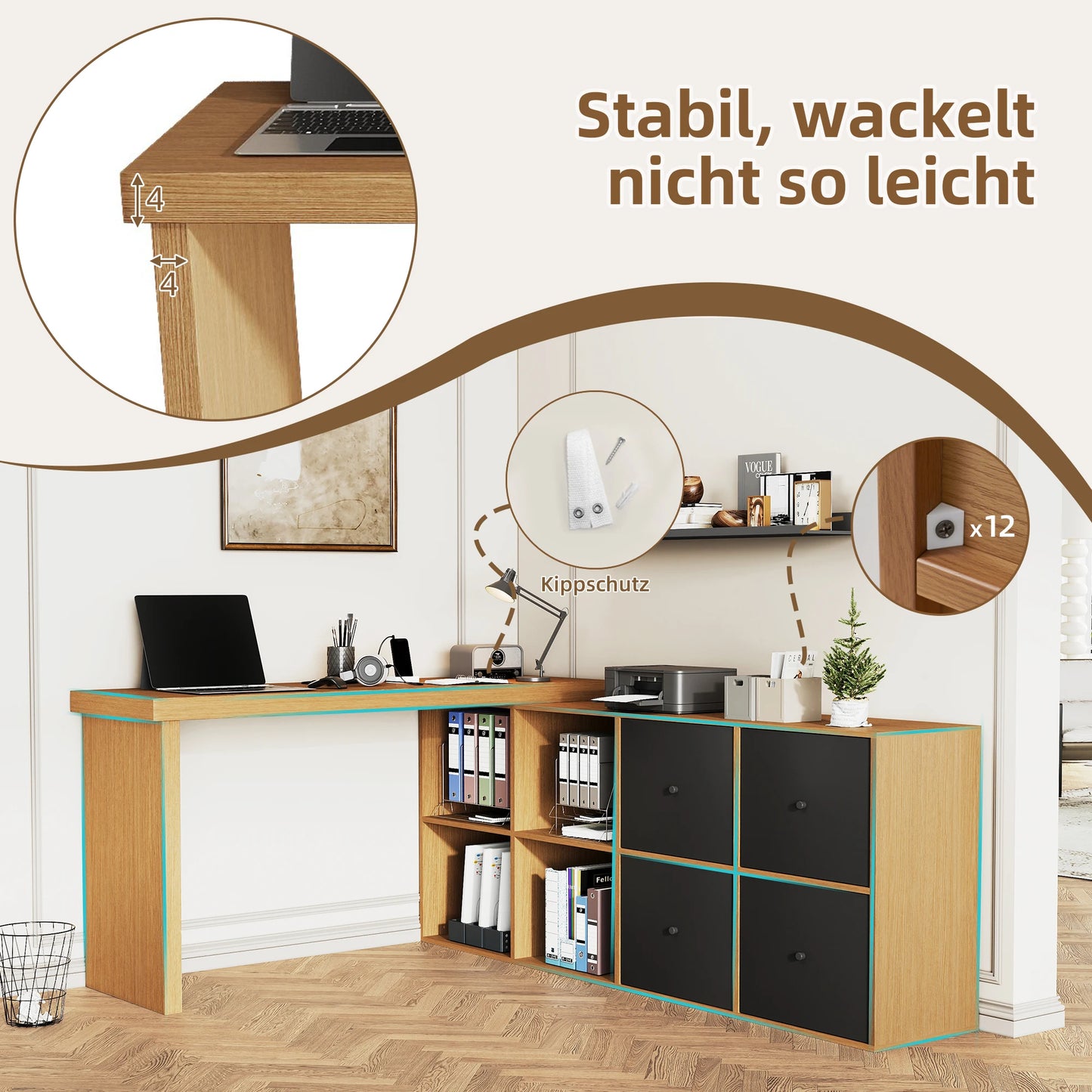 Ecktisch, Tischplatte 360° °   Drehbar – kann in L-förmiger oder gerader Position eingestellt werden, MDF, Schreibtisch und Computertisch