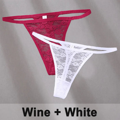2PCS Sexy Lace Cotton Panties for Women G-String Underwear Perspective Thongs Solid Color Underpants Female Intimates Lingerie.