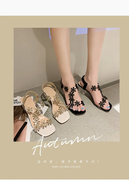 Women;s Sandals Pvc Crystal Flower Shoes for Women Decoration Chunky Heel Sandals Ladies Back Strap Fashion Shoes Female2024.