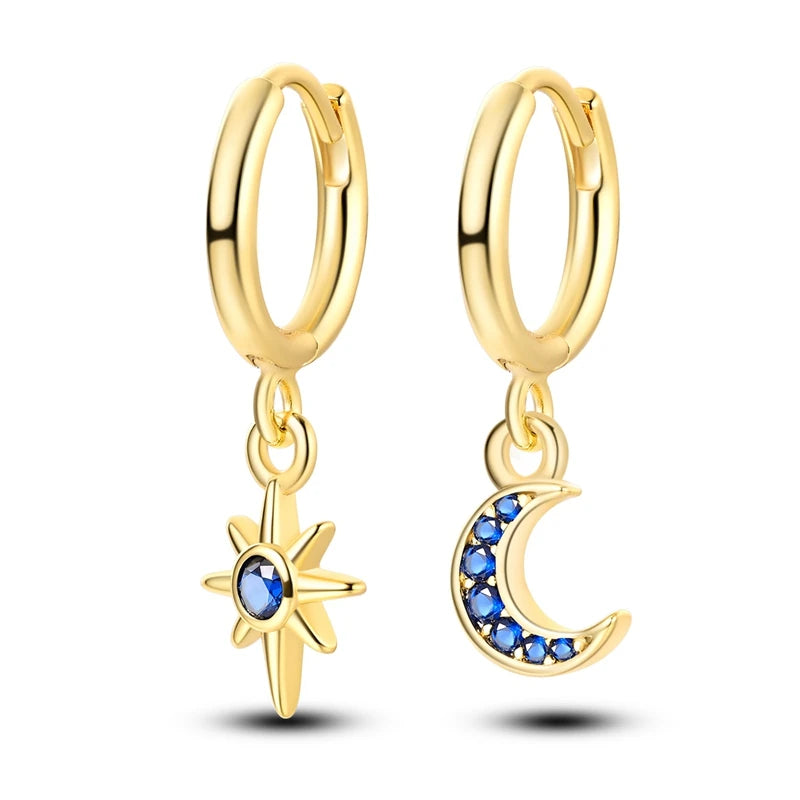 Yellow Gold Starlight Hoop Earrings For Girl Sparkling Classic Snakebone Multi-loop Earrings Star Moon 925 Silver Women Earring
