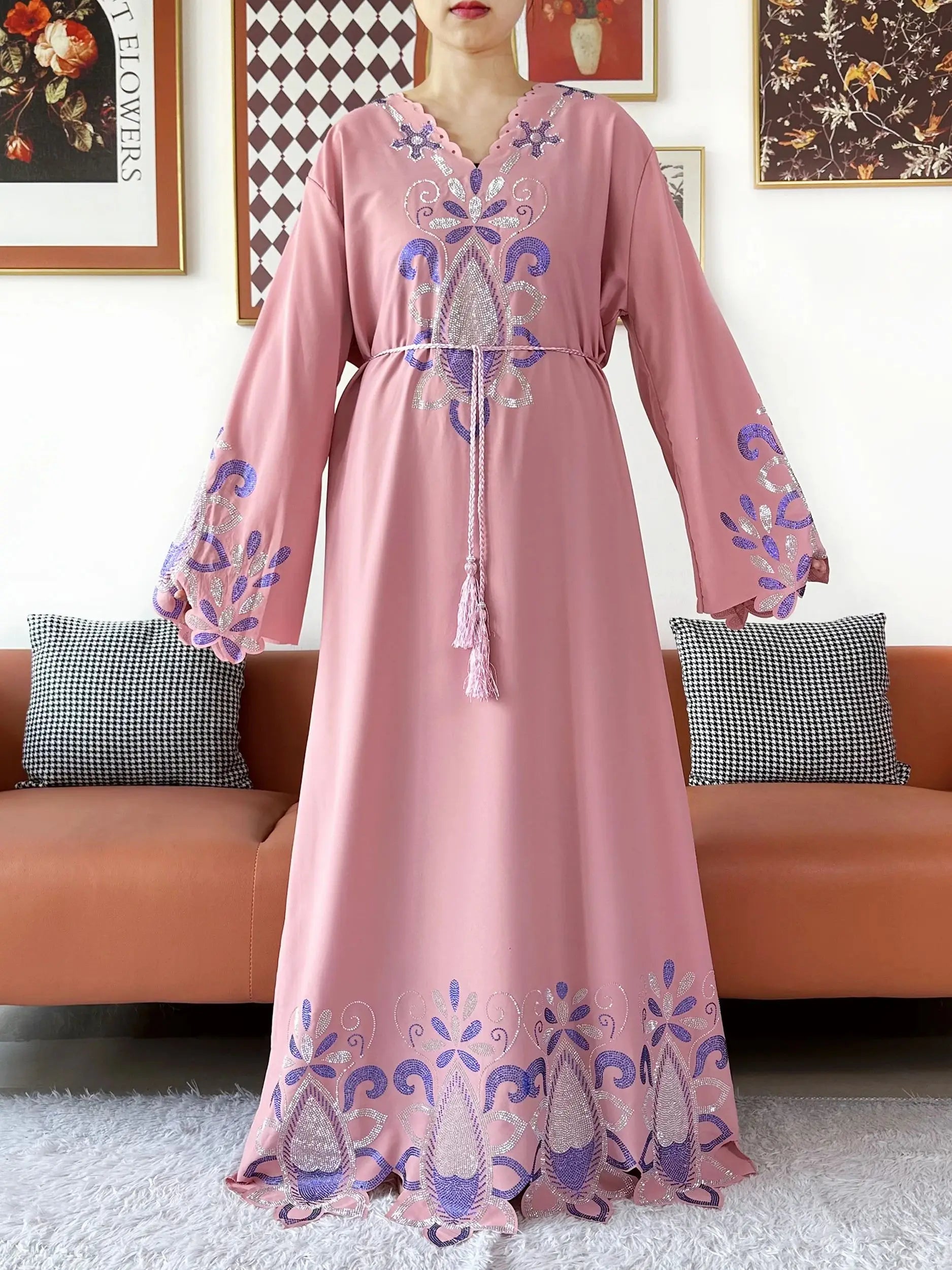 New 2025 Muslim Party Women Abaya Chiffon Diamond Long Sleeve Casual Clothing African Abaya Women Robe Dubai Turkey Islamic Robe.