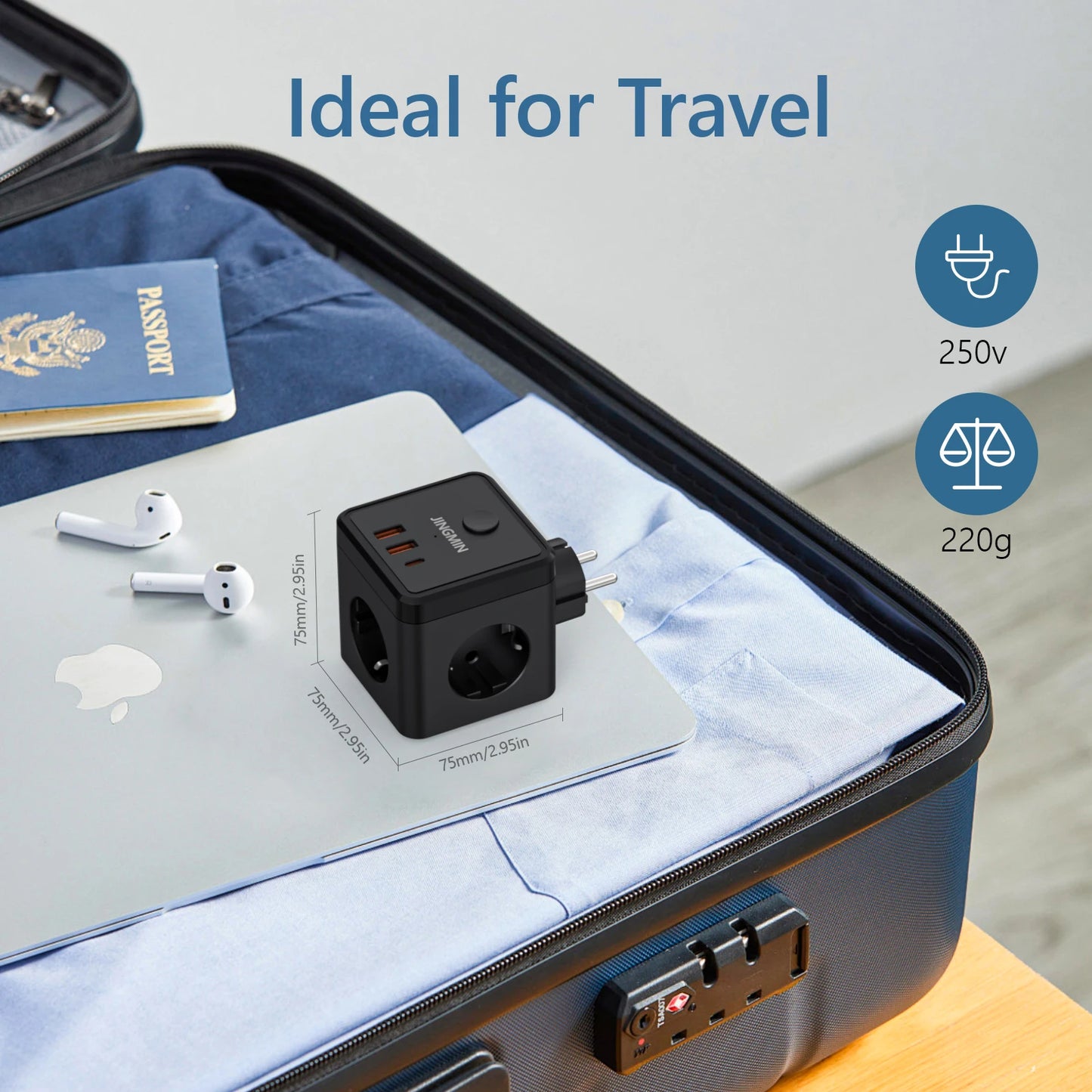 Wandsteckdosen-Extender mit Schalter, 3 Steckdosen, 2 USB-A- und 1 Typ-C-Anschlüsse, tragbarer Cube-Steckdosenleisten-Adapter zum Aufladen auf Reisen.