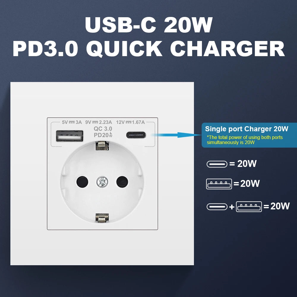 SRAN EU-Standard-Wandsteckdose mit USB und Typ-C 20 W Schnellladung, 5 V/2 A Doppelanschlüssen, 86 x 86 mm flammhemmendes Panel, CE-zertifiziert.