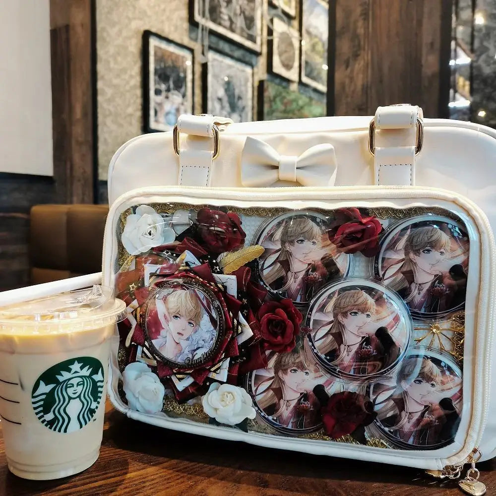 Y2K Cute Bow Ita Bag Girl Transparent Messenger Bag Women Fashion Shoulder Crossbody Bag Ladys DIY Badge Tote Bag Lolita Handbag