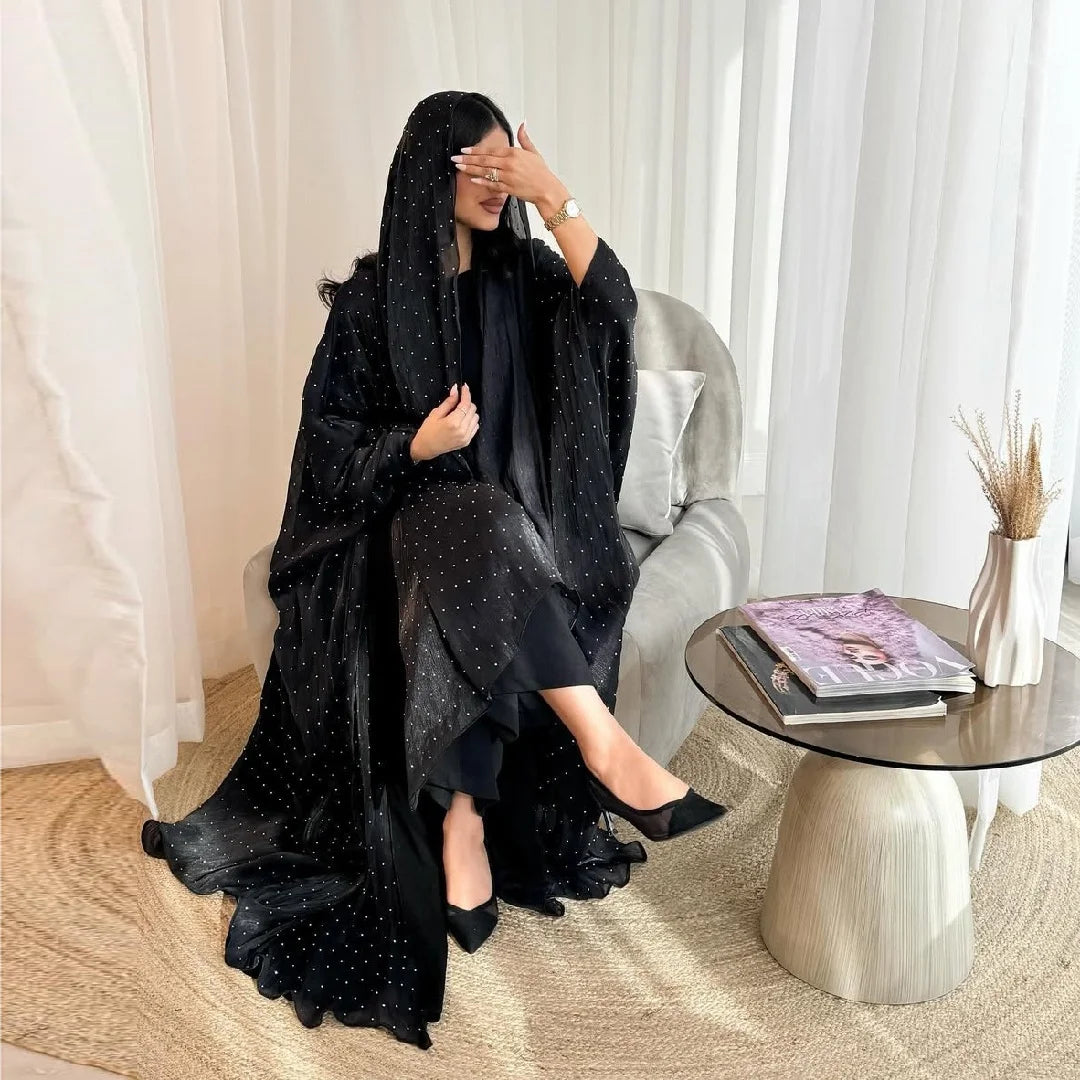 Ramadan Wave Point Black Open Muslim Modest With Hijab Women Kimono Abaya Damen Dubai Islam Kebaya Kaftan Robe Femme Musulman.