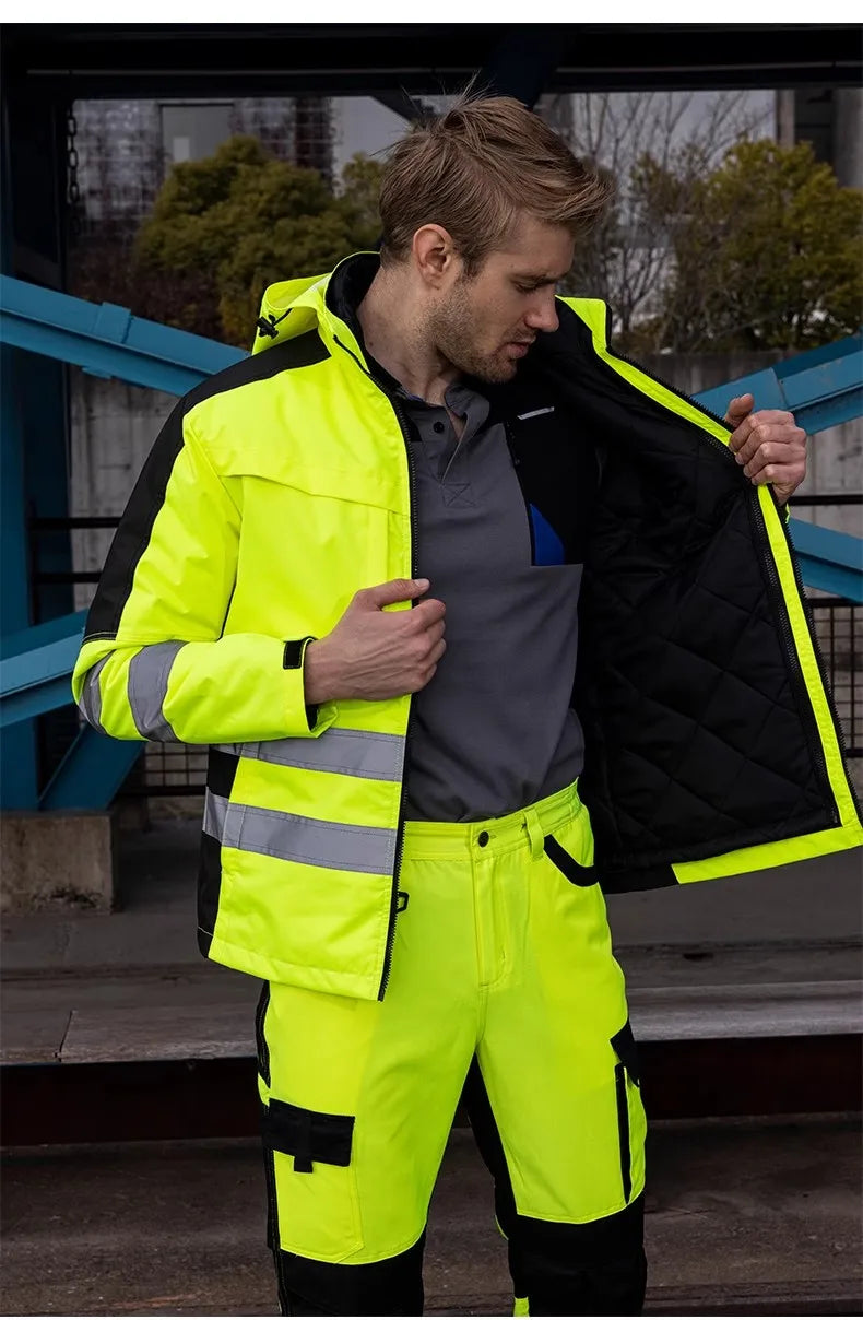 High Visibility Workwear Winter Clothes Hi Vis Suit Reflective Jacket Waterproof Winter and Pockets Reflective Work Pants Set.