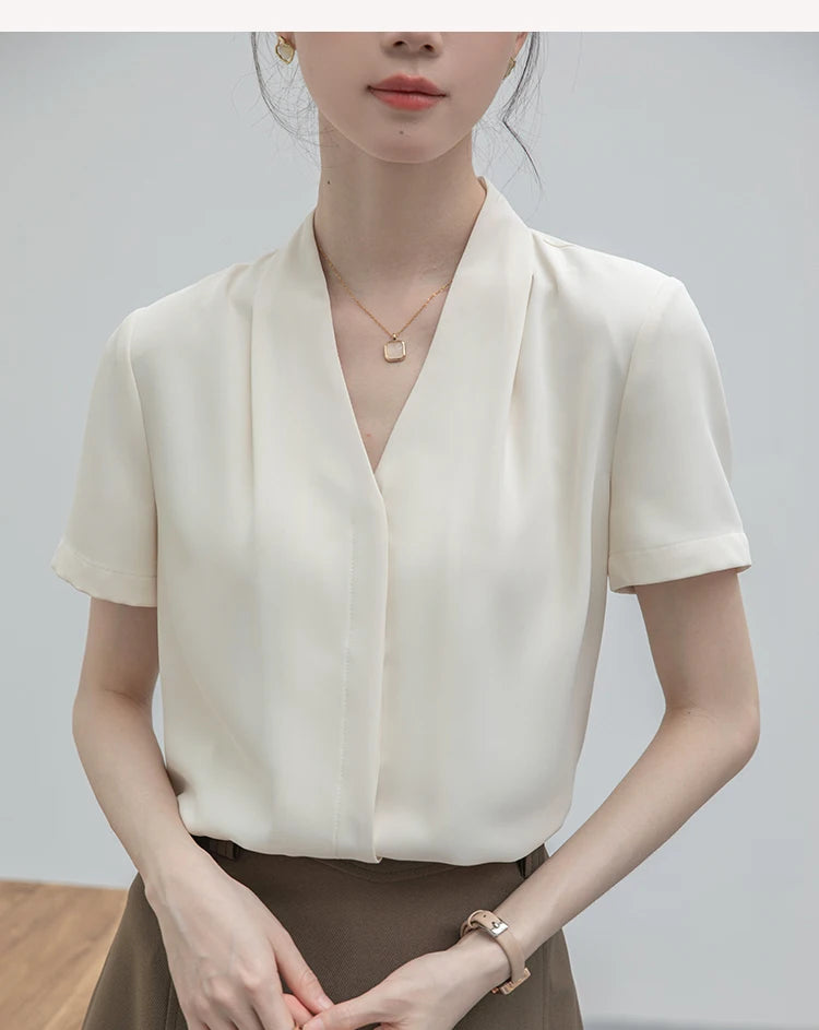 2025 Fashion Summer Short Sleeve V-Neck Women Blouse White Blouse Shirt Women Tops Blouses Shirts Blusas Para Mujer Camisas XL86