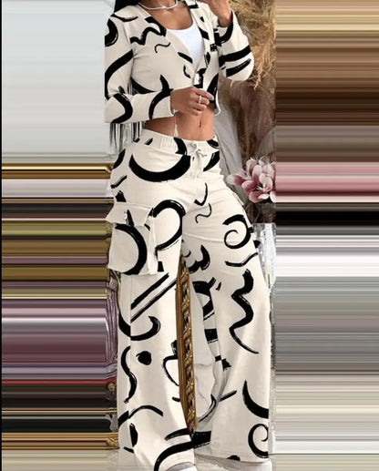 Women's Spring Summer New Fashionable Solid Color Printed Sexy Waist Short Top Casual Pants Set For Women