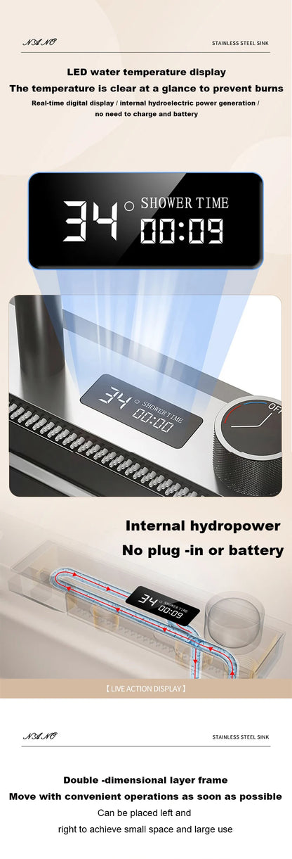 Küchenspüle, Wasserfallspüle aus Edelstahl, Digitalanzeige, große Einzelschüssel mit Multifunktions-Wasserfall-Wasserhahn, Waschbecken