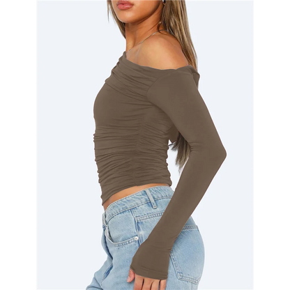 NEW-Women's Casual Long Sleeve Boat Neck Off Shoulder Slim Fit Crop Top Going Out Blouses Y2K Tight Shirts.