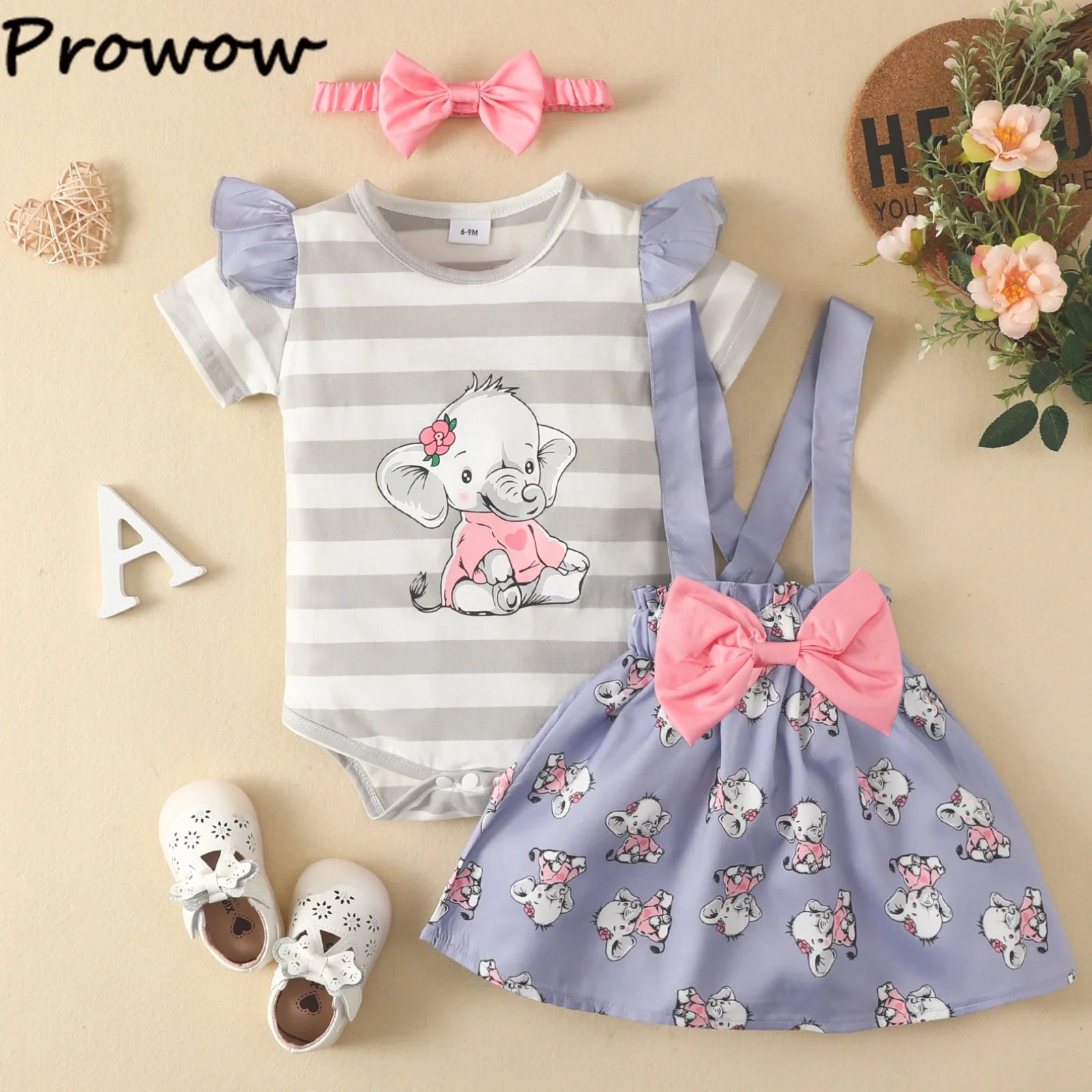 Prowow Günstige Preis Kleidung Baby Mädchen Outfits Set Niedlichen Elefanten Body und Hosenträger Kleid 3 stücke Neugeborene Geburt Set Kleidung.