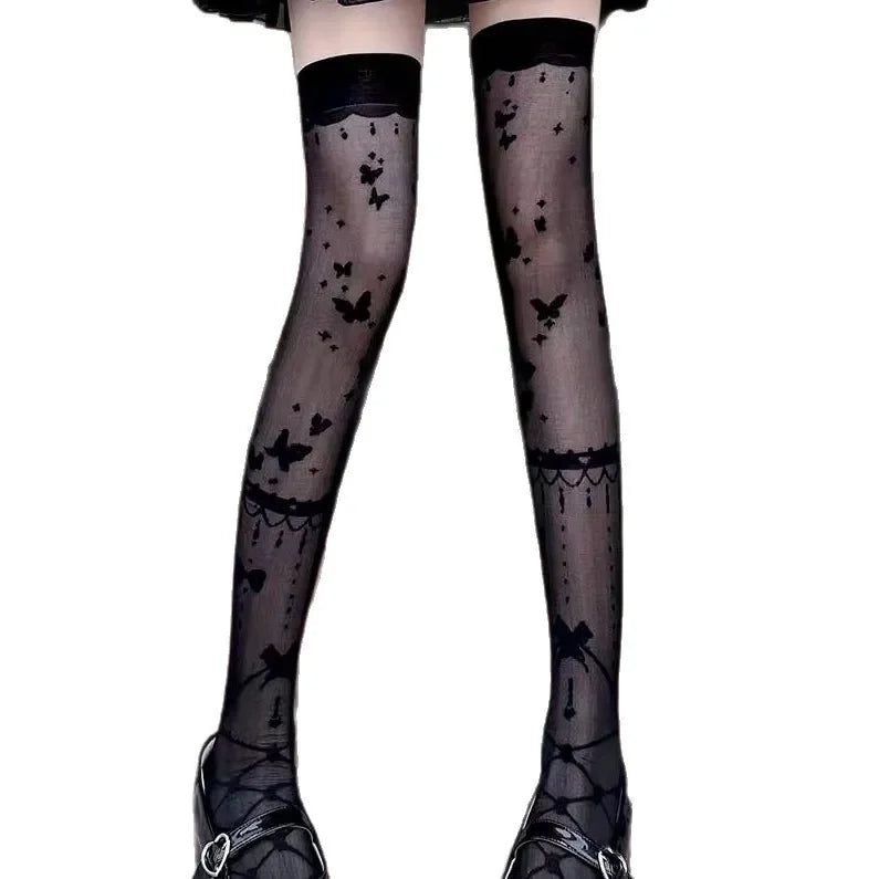 Lolita Butterfly Over-Knee Socks Women's Summer Thin Sexy Black White Long Tube Stockings Thin Material Knee High Tights.