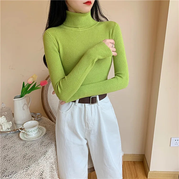2023 herbst Winter Frauen Langarm Gestrickte Foldover Rollkragen Rippen Pull Pullover Weiche Warme Femme Jumper Pullover Kleidung.