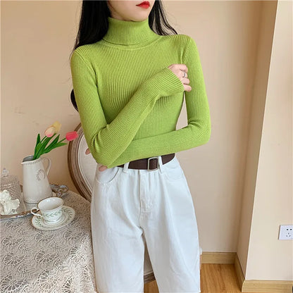 2023 herbst Winter Frauen Langarm Gestrickte Foldover Rollkragen Rippen Pull Pullover Weiche Warme Femme Jumper Pullover Kleidung.