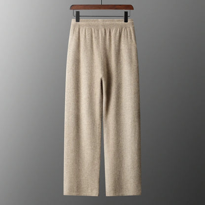 Classic Versatile 100% Cashmere Pants Men High Waist Knitted Straight Pants Solid Color Loose Thin Wide Leg Pants.