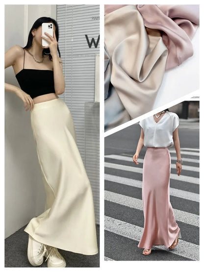 French Style Chic Women's Acetic Acid Satin Flowy High Waist Hip Hugging Skirt for Spring/Summer Fishing Tail Skirt A-line Skirt.