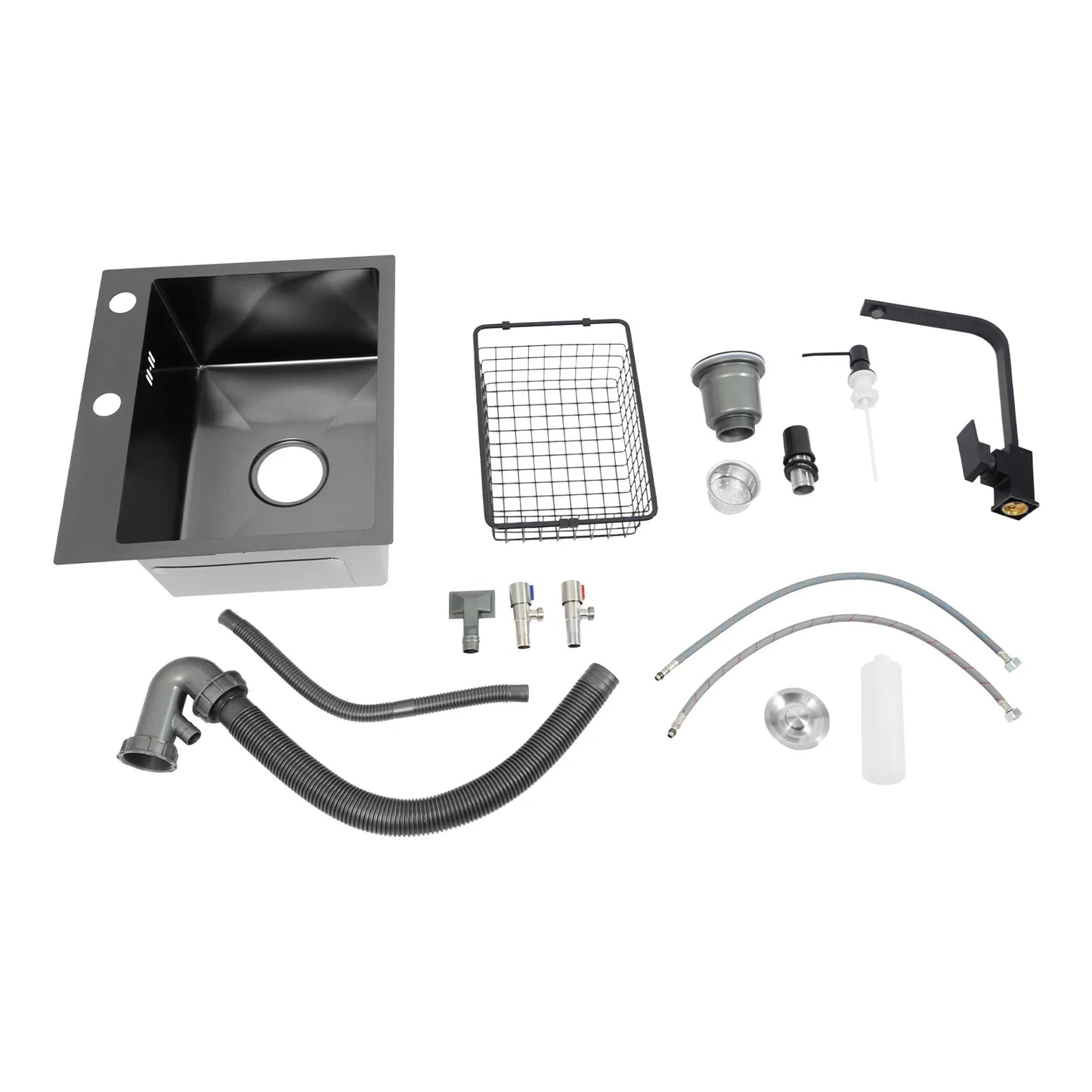 Edelstahlspüle 40 x 45 cm, schwarze Küchenspüle mit Spültischarmatur, 1 x 45 cm, Unterschrankspüle W | Abtropfbrett und Sieb