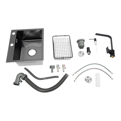 Edelstahlspüle 40 x 45 cm, schwarze Küchenspüle mit Spültischarmatur, 1 x 45 cm, Unterschrankspüle W | Abtropfbrett und Sieb