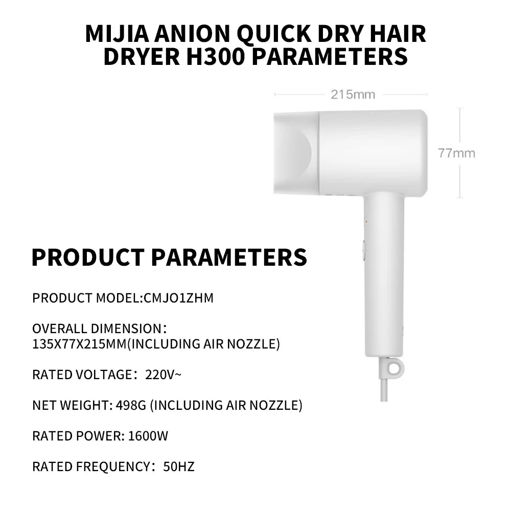 XIAOMI MIJIA Mi Ionic Hair Dryer H300 Quick Dry Negative Ion Hair Care Professional For Home 1600W Electric Hair Dryers Diffuser