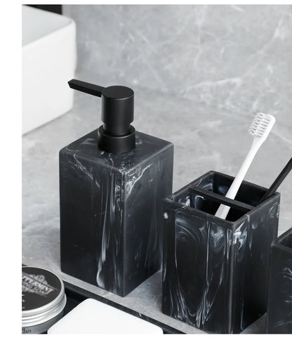 Bathroom Accessories Complete Marble Pattern Lotion Soap Dispenser,Toothbrush Holder,Tumbler,Tray Resin material Black white.