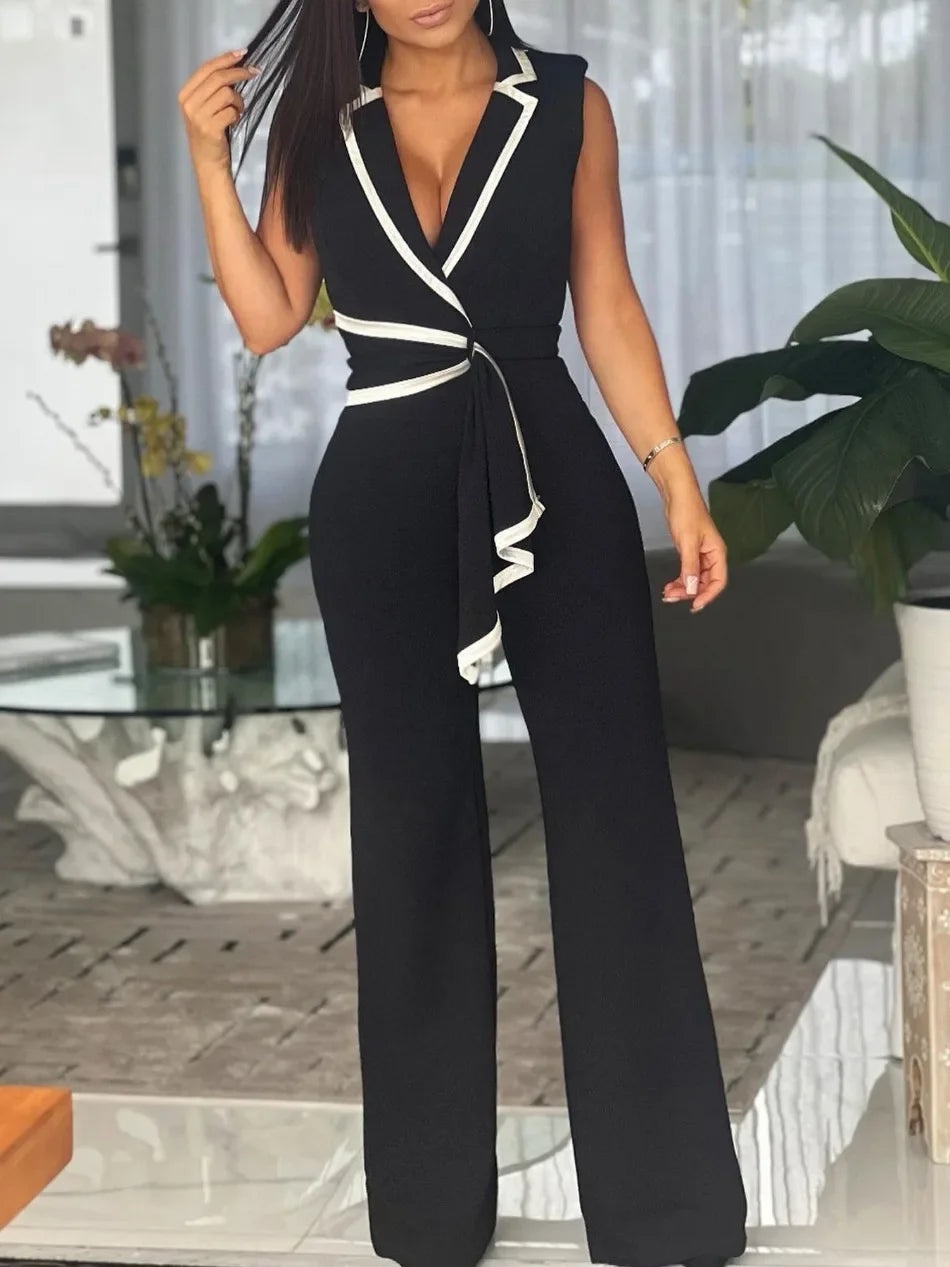 Women's Overalls Outfits Full Length New Fashion 2025 Summer V Neck Elegant Sleeveless Office Lady Jumpsuit Wide Leg Pants.