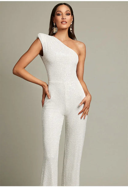 Women Elegant Long Jumpsuits Sexy Glitter Sequin Club Ladies Playsuits Slanted Collar Party Fashion Backless Solid Romper 2024.