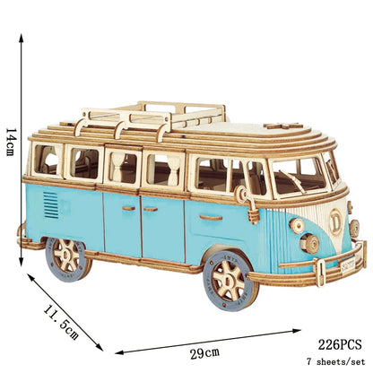 Retro Bus European-style Campervan 3D Wooden Car Puzzle DIY Sailing Ship Airplane Building House Model Jigsaw Toys For Children.