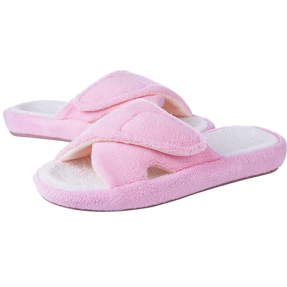 Comwarm Fuzzy House Slippers For Women New Terry Cloth Arch Support Cotton Slippers Four Seasons Open Toe Indoor Flat Slippers.