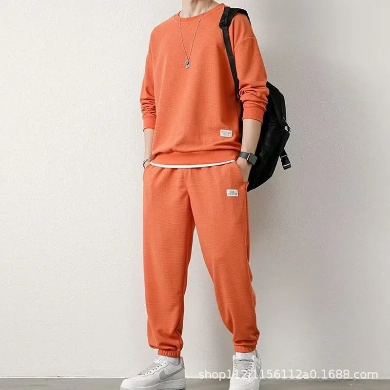 New Autumn Men's Fashion Sportswear Set Long Sleeve T-Shirt And Long Pants Casual Trendy Marbled Pattern Clothing Ensemble.