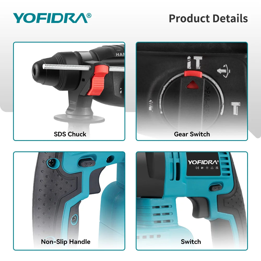 YOFIDRA Bürstenloser elektrischer Hammer-Schlagbohrschrauber, 26 mm, kabelloser Holzbearbeitungs-Schlagbohrschrauber, Elektrowerkzeug-Set für Makita 18 V Akku-Pin