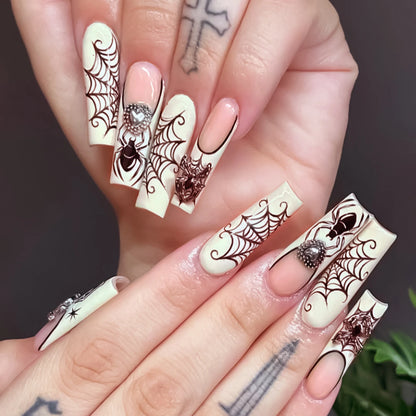 24pcs Glitter Pink Sequins Fake Nails 2025 Halloween Scary Skull Love Print False Nails Wearable European Ballet Press on Nails