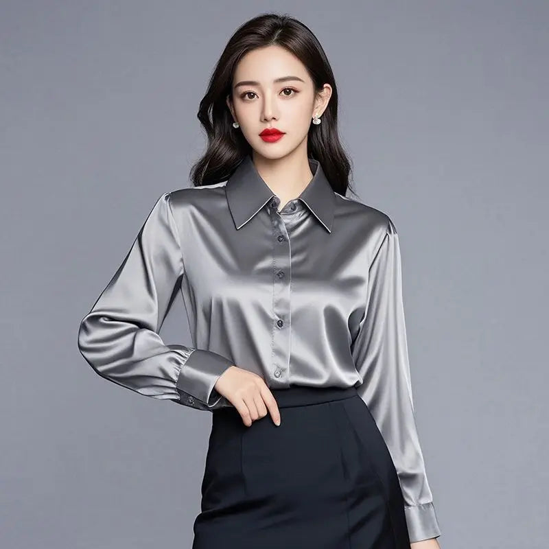 Elegant Silk Office Shirts Women Korean Fashion Y2k Clothes Slim Long Sleeve White Black Blusas Mujer Workwear Tops and Blouses