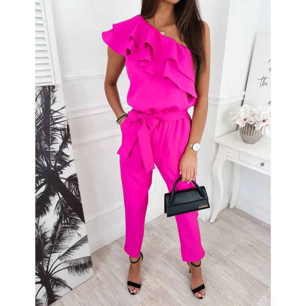 Summer Sexy Strapless Sleeveless Women's Party Jumpsuit Fashion Peplum Slim Fit Lace Up Elegant Female Office Jumpsuit Bottoms.