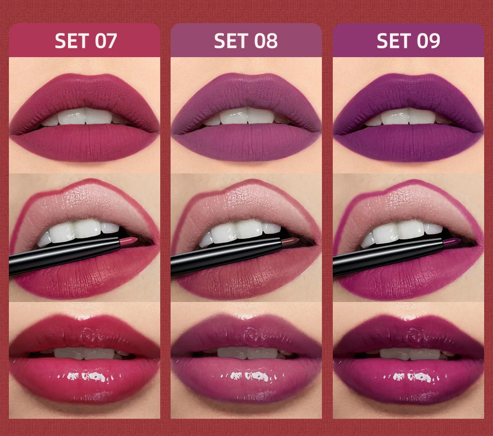 3pcs Matte Liquid Lipstick+Lip Liner Set Lip Glaze Makeup Nude Black Red Velvet Lip Gloss Long Lasting Lip Tint Cosmetics Kits.