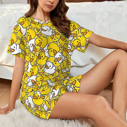 Benutzerdefinierte Frauen Gelb Klassische Gummi Ente Pyjamas Set Gedruckt Zwei-stück Pj Sets Kurzarm Nachtwäsche Loungewear