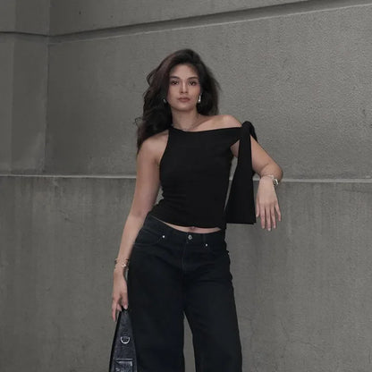 Sexy Asymmetrical Shoulder T-Shirt Women's Versatile Strapless Top Summer New Arrival Polyester Fiber One-Shoulder Sleeveless.