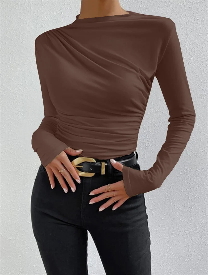 Fashion Solid Color Slim Fit T Shirt Women Trendy All-match Folds Long Sleeve T Shirts Ladies Tops Streetwear 2024 Spring New