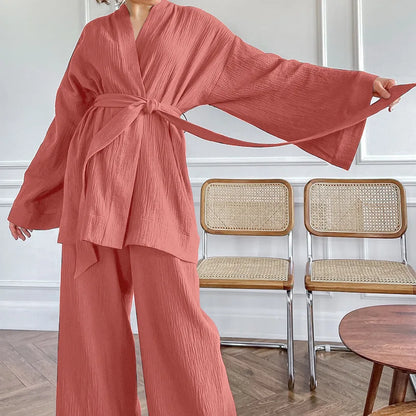 NHKDSASA Kimono Pajamas 2023 New 100% Cotton Crepe Long-Sleeved Trousers Ladies Sleepwear Suit Women's Home Service Mujer
