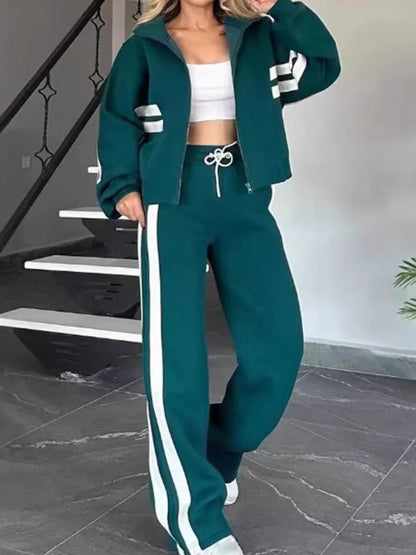 Fashion Striped Hoodie Set For Women Casual Long Sleeve Zip Tops+High Waist Wide Leg Pants 2 Piece Sets Lady Y2k Sports Clothes.